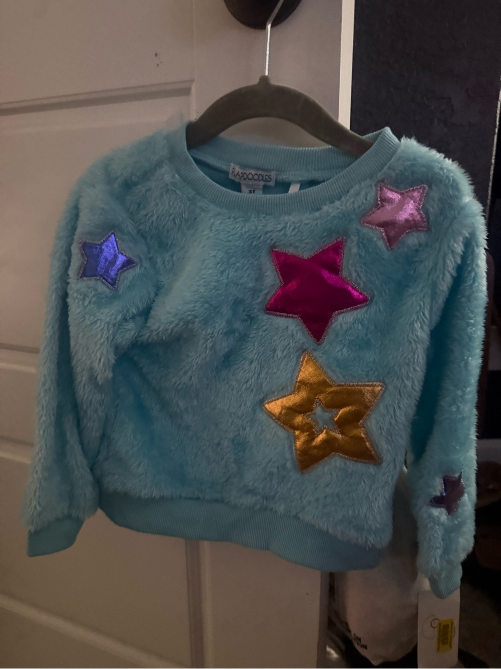 Flapdoodles Light Blue Fuzzy Sweatshirt with Metallic Star Appliqués